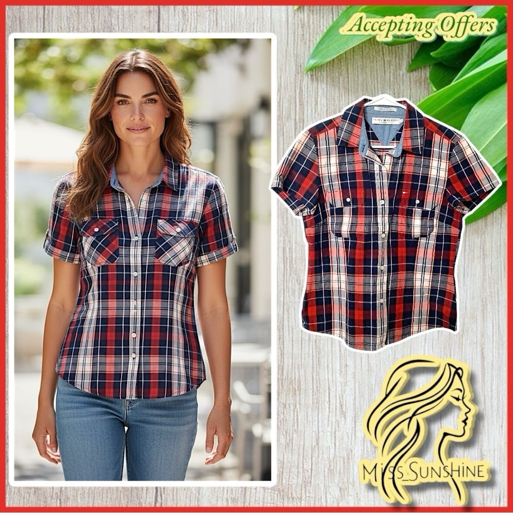 Tommy Hilfiger Jeans - Sz L - plaid short sleeve thick jean button down